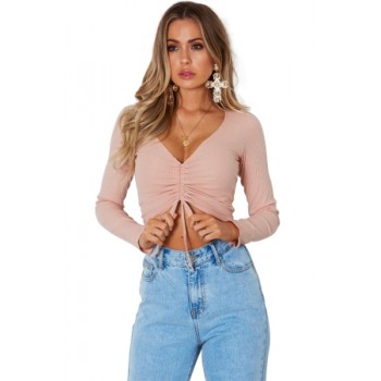 Pink Cinched Lace Up Long Sleeve Crop Top Black
